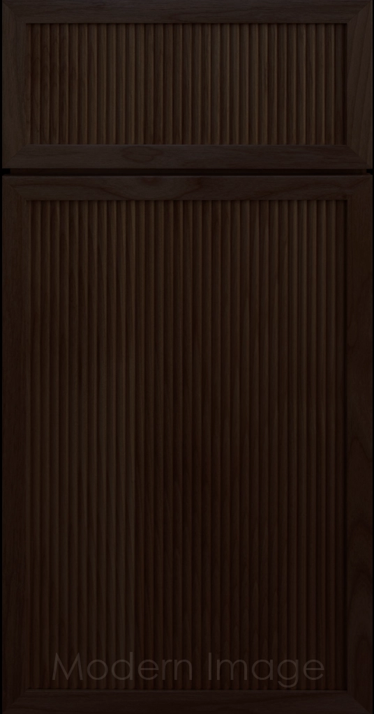 Arcadia Reed Cabinet in Dark Chocolate stain, featuring a Narrow Frame and a Slim Fluted Center Panel.